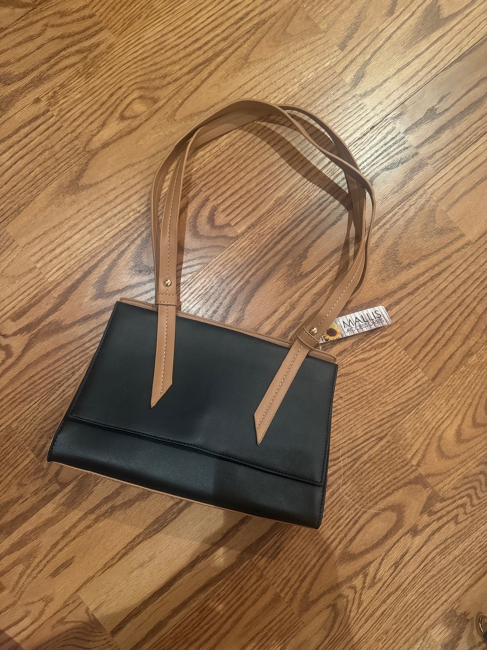 Black Shoulder Bag with Tan Straps — Classic Everyday Tote